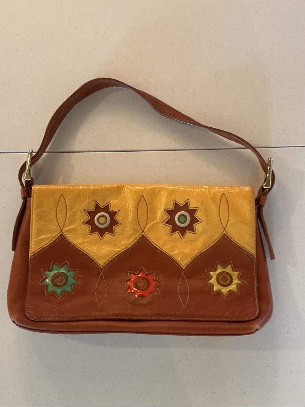 Cynthia Rowley Brown & Yellow Leather Shoulder Bag with Multicolor Star Motifs